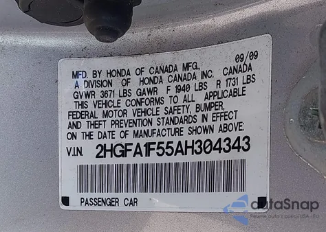 2010 Honda Civic Lx from USA, damaged, VIN 2HGFA1F55AH304343